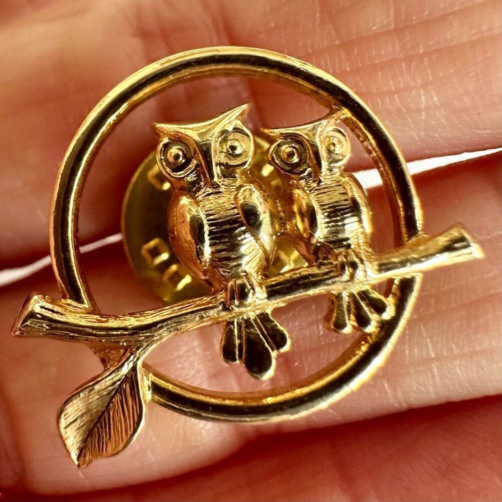 Avon Two Owls on Branch Circle gold tone pin
